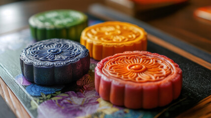 Wall Mural - Delightful mooncakes in vibrant colors arranged beautifully on decorative plate