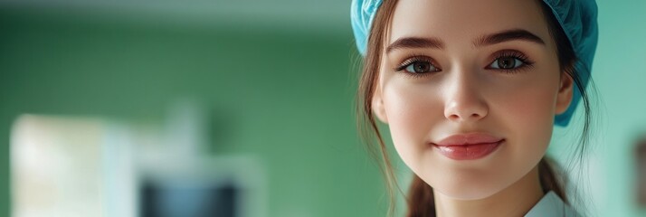 Sticker - A young woman in a medical setting, wearing a surgical cap and smiling warmly.