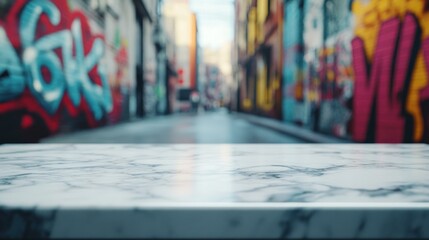 Sticker - A blurred urban scene with a marble table in the foreground, hinting at a vibrant street life.