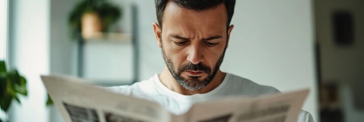 Sticker - A man reading a newspaper with a focused expression in a modern indoor setting.