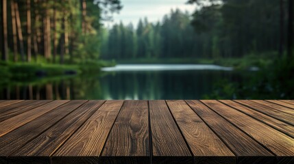 Poster - A wooden table foreground with a serene forest and lake background.