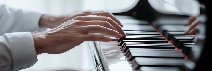 Wall Mural - A close-up of hands playing a piano, showcasing musical expression and artistry.