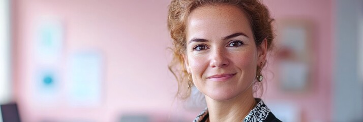 Poster - A professional woman with curly hair smiles in a modern office setting.