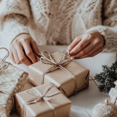 Poster - A person wrapping gifts with twine, surrounded by decorative items for the holidays.