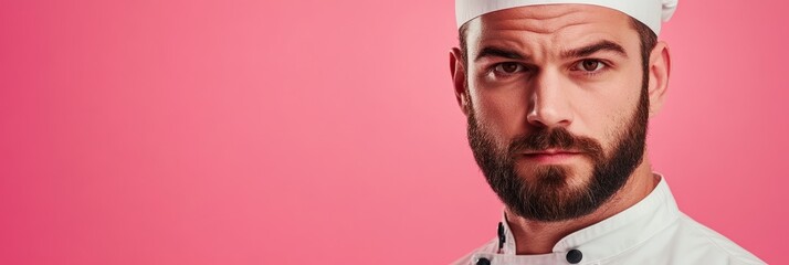 A serious-looking chef in a white uniform and hat against a pink background.