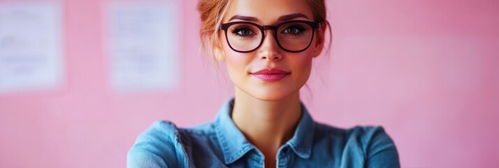 Wall Mural - A woman with glasses poses confidently against a pink background.