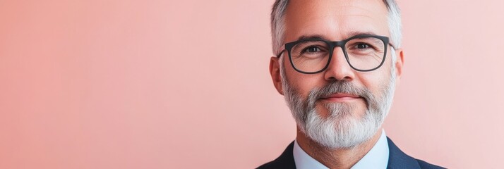 a professional man with glasses and a beard, smiling against a pink background.