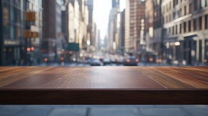 Wall Mural - A wooden table in the foreground with a bustling city street in the background.