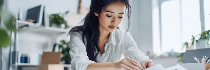 Sticker - A woman engaged in work at a desk, focusing on paperwork in a bright, modern workspace.