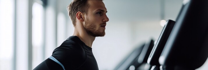 Canvas Print - A focused man exercising in a gym, utilizing fitness equipment.