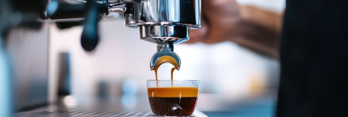 Wall Mural - A close-up of espresso being brewed into a glass cup from an espresso machine.