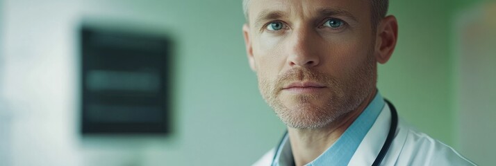 Sticker - Close-up of a serious male doctor in a medical setting, conveying professionalism and care.