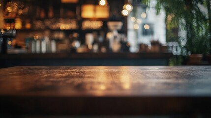 Canvas Print - A cozy café interior with a wooden table and blurred background ambiance.