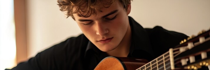 Canvas Print - A young man playing guitar, focused and immersed in music.