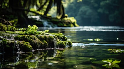 River and waterfall in green landscape  