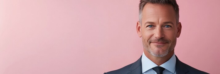 Sticker - A smiling man in a suit against a soft pink background, conveying professionalism and approachability.