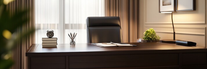 A modern office space featuring a desk, chair, and decorative elements.