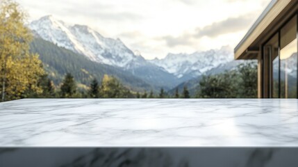 Wall Mural - A marble surface overlooks a scenic mountain landscape at sunset.