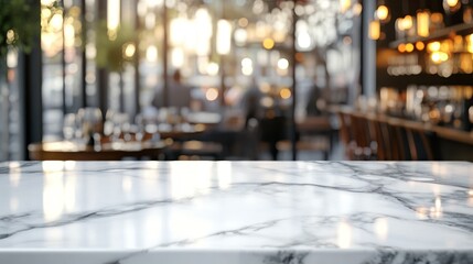 Sticker - A blurred restaurant interior with a marble countertop in focus, suggesting a dining atmosphere.