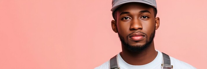 Canvas Print - A young man wearing a cap and overalls poses against a pink background.