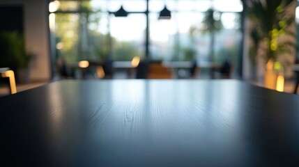 Poster - A blurred view of a modern workspace with a focus on a wooden table and natural light.