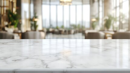 Wall Mural - A marble countertop in a modern, bright interior with large windows and greenery.