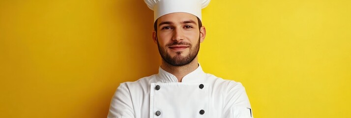 Wall Mural - A smiling chef in a white uniform and hat poses against a bright yellow background.