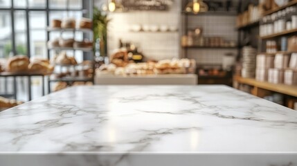 A marble table in a cozy bakery with baked goods in the background.