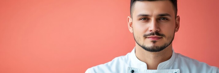 Wall Mural - A confident chef poses against a pastel background, showcasing culinary expertise.