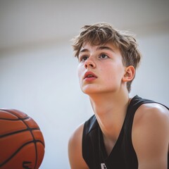 Canvas Print - A young basketball player focuses intently while preparing to shoot.