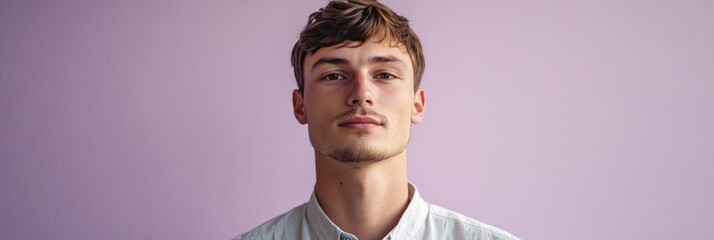 Poster - A young man poses confidently against a pastel purple background.