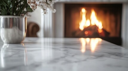 Poster - A cozy interior scene featuring a marble table, a floral arrangement, and a glowing fireplace.