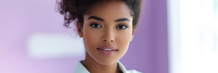 Canvas Print - A close-up portrait of a confident young woman with curly hair against a soft background.