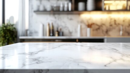 Sticker - A close-up of a marble countertop in a modern kitchen setting with a blurred background.