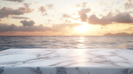 Poster - A serene sunset over the ocean with a marble surface in the foreground.