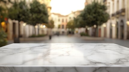 Canvas Print - A blurred view of a marble table in an outdoor plaza with trees and buildings in the background.