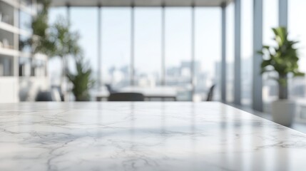 Poster - A modern office interior with a marble table and large windows showcasing a city view.