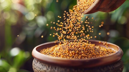 Wall Mural - A bowl filled with grains is poured into a large container.