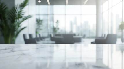 Poster - Modern office interior with a marble table and city view.