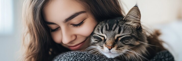 Wall Mural - A joyful moment between a young woman and her cat, showcasing affection and companionship.