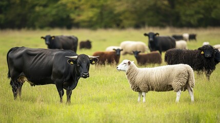 Wall Mural - Black Cow and White Sheep in a Green Meadow