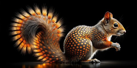 Stylized squirrel with orange dots on black background with circles and yellow dots