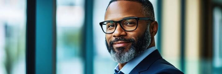 Canvas Print - A confident man with glasses smiles in a modern office setting.