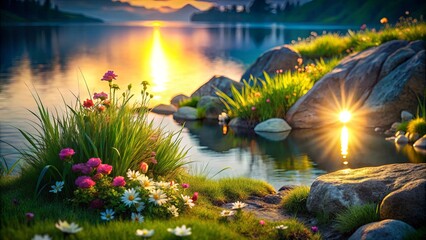 A serene scene of flowers in grass by rocks and water with a glowing light and rock backdrop