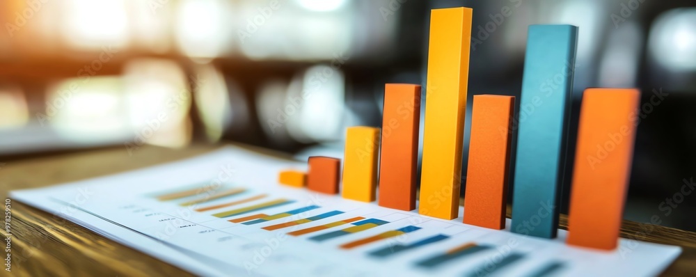 Colorful bar chart with business data and analytics in a modern office ...