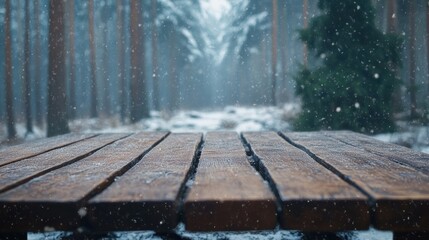 Wall Mural - A wooden table in a snowy forest, creating a serene, winter atmosphere.