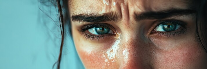 Wall Mural - Close-up of a person's eyes with a focused expression and glistening skin.