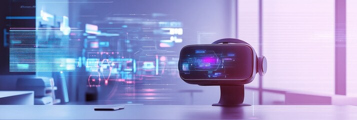 Poster - A futuristic VR headset displayed with digital overlays, showcasing technology and innovation.