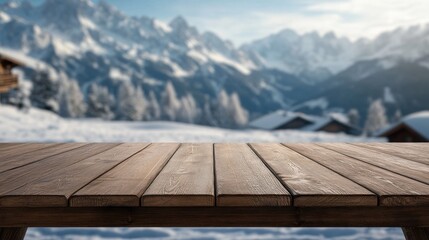 Poster - A wooden table in the foreground with a snowy mountain landscape in the background.