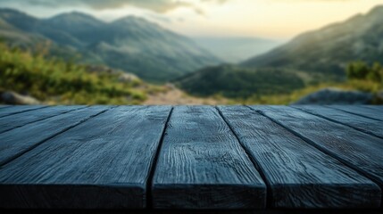 A wooden table in the foreground with a scenic mountain landscape in the background.